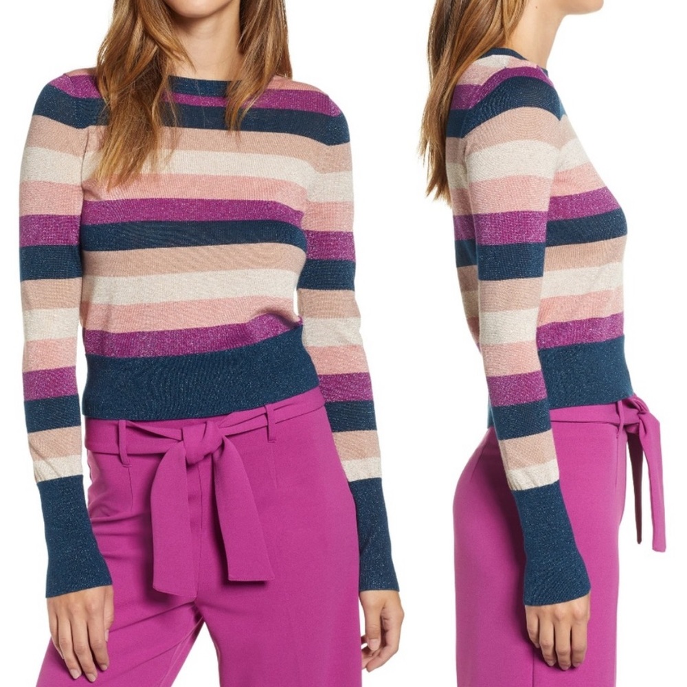 NWOT Leith Metallic Pink Navy Stripe Sweater Size Small